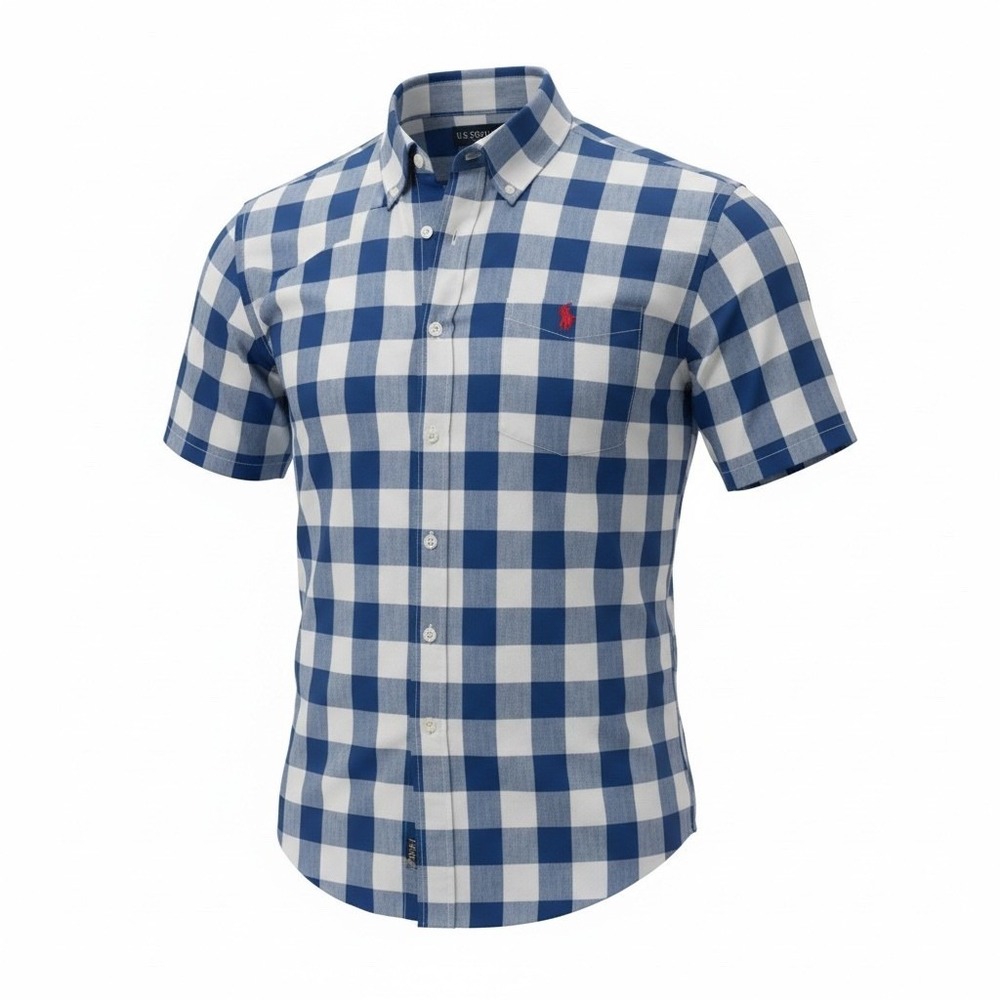 U.S. Polo‎ Assn. Button Down Shirt Mens XXL Blue White Gingham Excellent Stretch